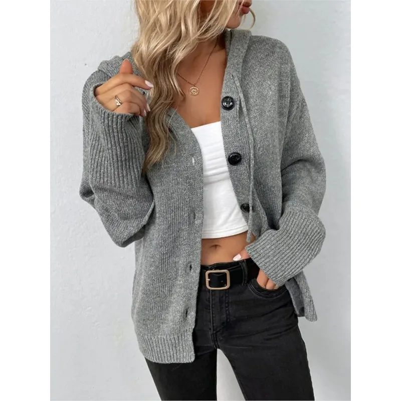

Solid Hooded Single-breasted Sweater For Women In Autumn And Winter New Drawstring Knitted Cardigan Jacket Casual Loose Tops