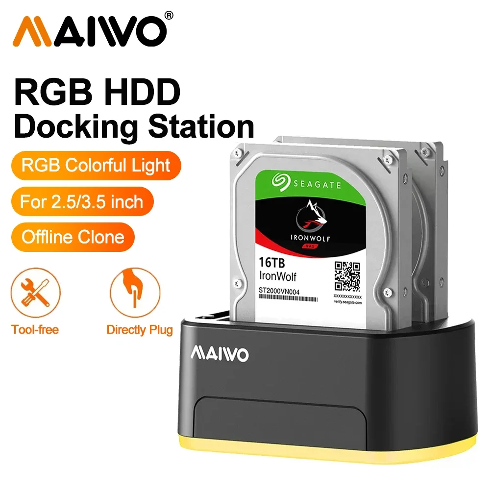 

MAIWO Dual Bay RGB 2.5"/3.5" inch HDD Enclosure Case SATA to USB 3.0 Hard Drive Docking Station with Offline Clone Duplicator