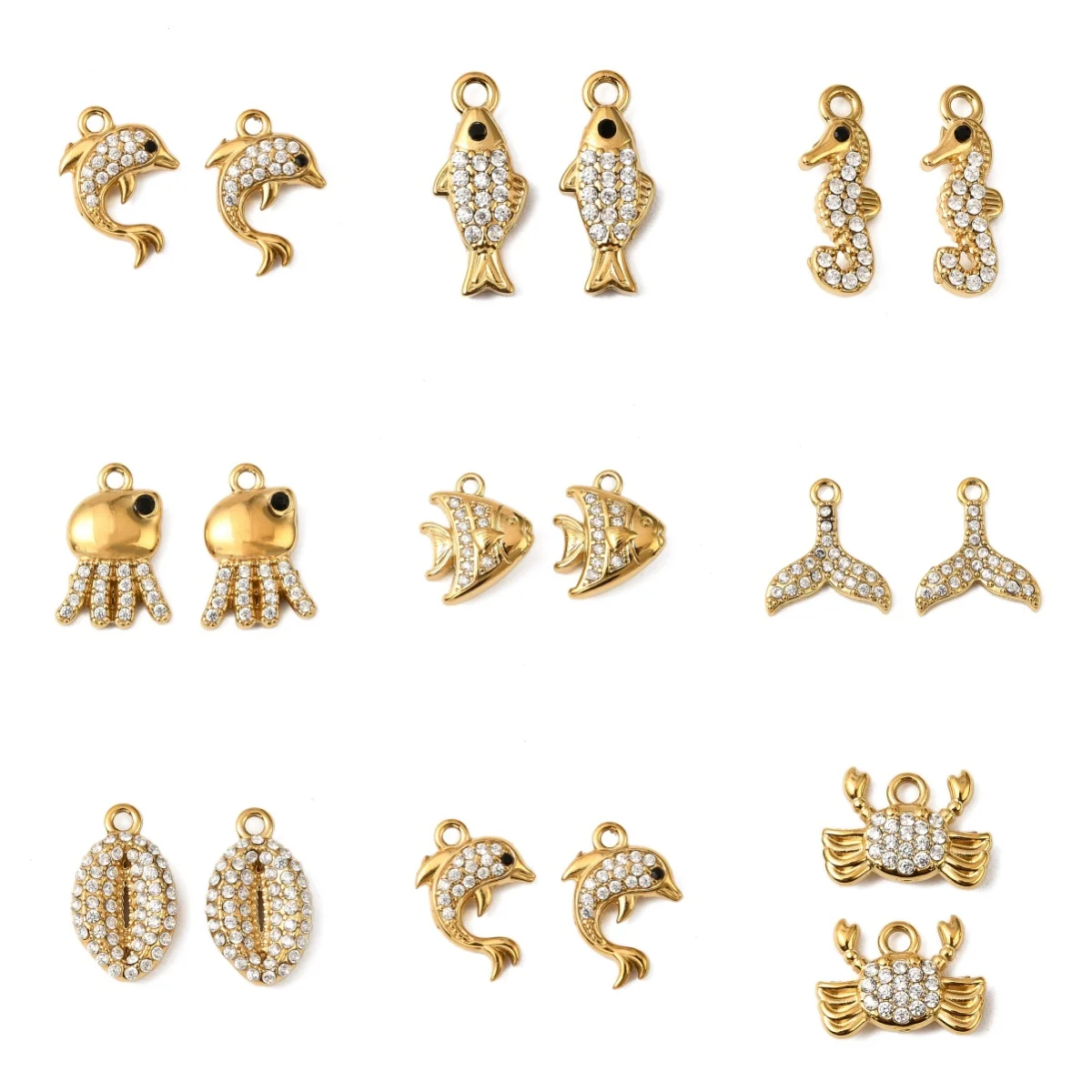 

10Pcs Marine life 304 Stainless Steel Charms Shell Fish Crab Sea Animals Cubic Zirconia Pendants For DIY Bracelet Jewelry Making