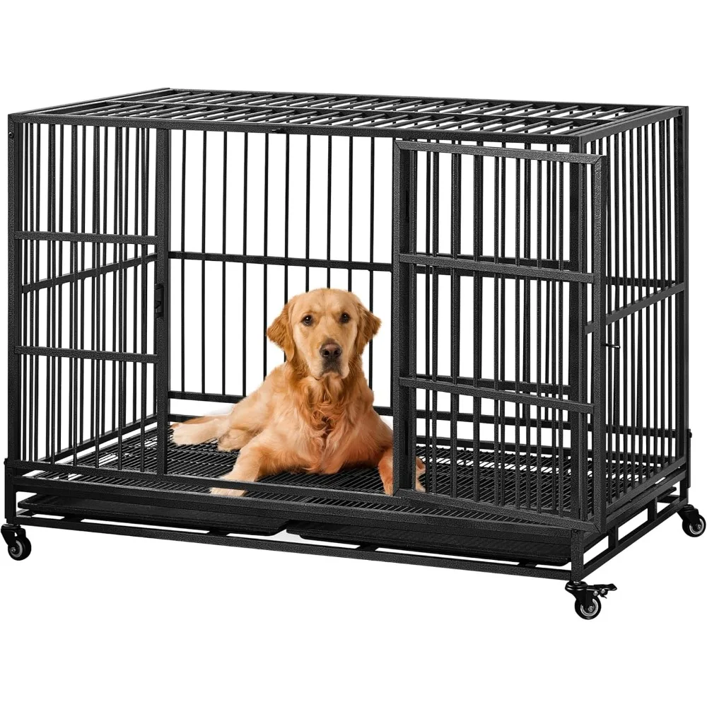 

48'' Dog Crate Extra Large Pet Crate XXL Indestructible Dog Crate W/2 Doors/Lockable Wheels/Removeable Trays for Indoor/Outdoor