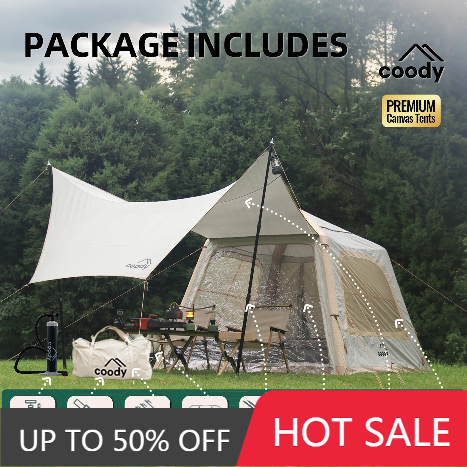 Coody 5.8 Beige Inflatable Air Tent Luxury Foldable Family Outdoor Camping Tent
