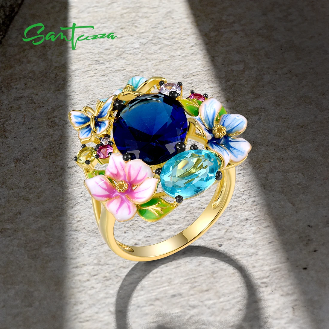 SANTUZZA Authentic 925 Sterling Silver Rings For Women Colorful Enamel Flower Blue Stone Ring Gorgeous Fashion Fine Jewelry