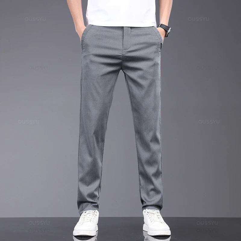 MINGYU Brand Clothing Summer Lyocell Fabric Casual Pants Men Thin  Slim Elastic Waist Business Grey Black Korea Trousers Male