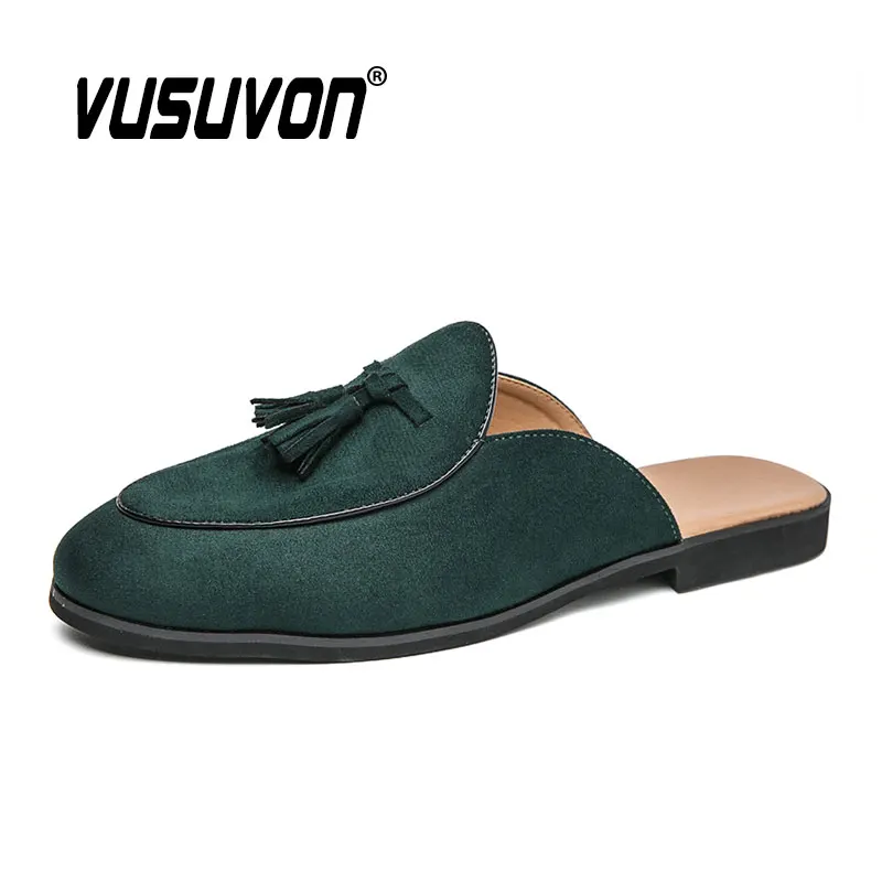 Men Half Slippers Loafers Moccasins Black Shoes Soft Outdoor Driving Casual Flat Non-slip Fashion Summer Mules Slides