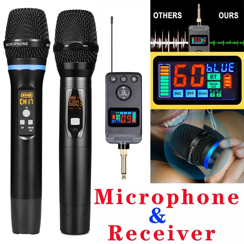 

Wireless Microphone & Receiver Set Handheld 2 Channel UHF Dynamic Micro Phone for Karaoke Wedding Party Band Church Performance