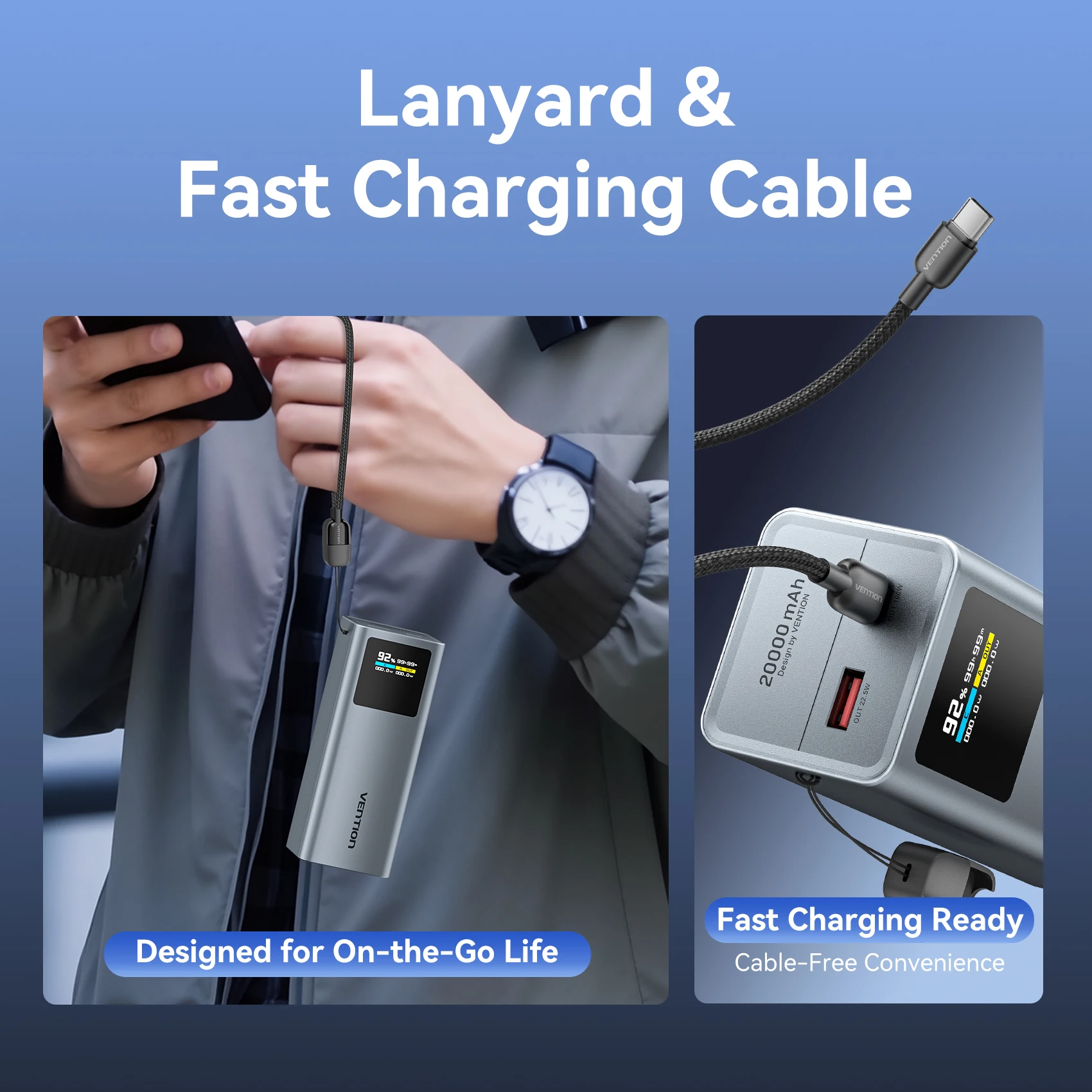 Vention 20000 мАч, 100 Вт, быстрая зарядка, съемный кабель USB-C, внешний аккумулятор, умный TFT-экран, компактный портативный, для Huawei/iPhone16 15