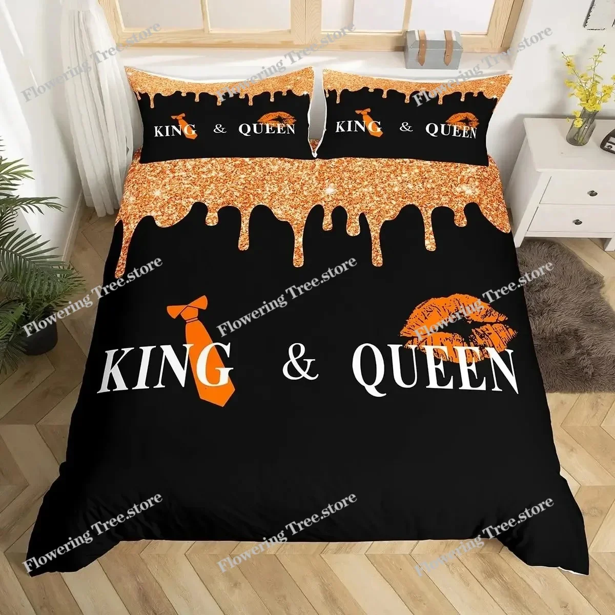 Gold Crown Duvet Cover for Lover Couple King Queen Bedding Set Mr Mrs Comforter Cover Anniversary Quilt Cover