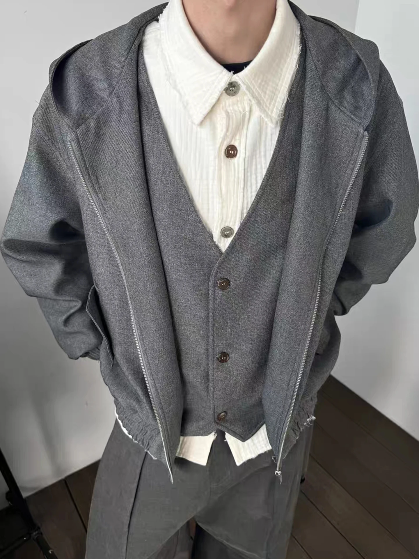 

Loose Casual Men's V-Ne Jaet with Hat Spring Autumn Seasonal Classic Sle Pure Color Long Sve Zipper Closure Coat