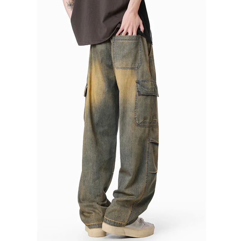 Primavera/Estate Nuovi jeans da lavoro vintage per uomo High Street Pantaloni da tuta in denim taglie forti lavati e strappati tinti in fango giallo