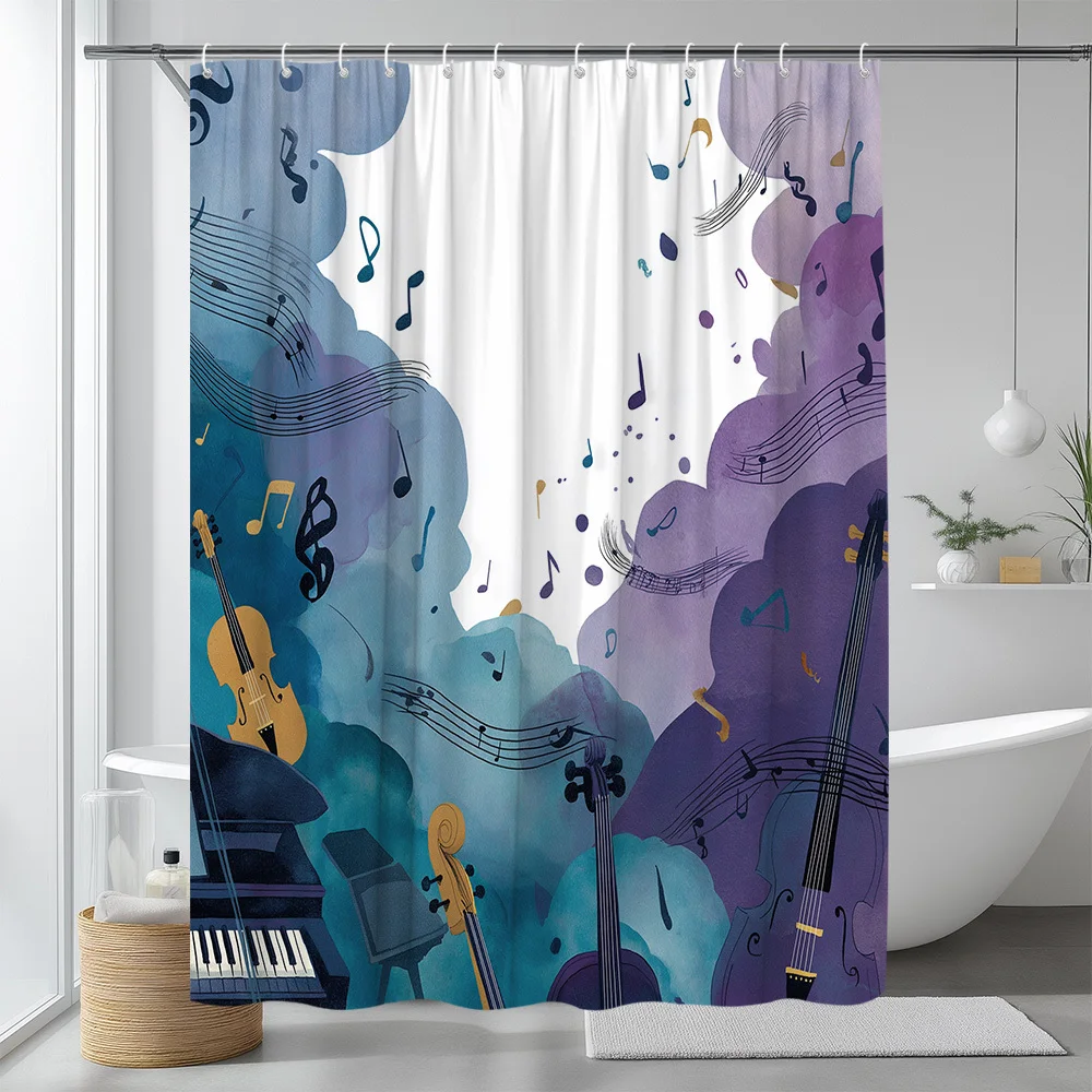 1 cortina de ducha con tema musical, ilustración de violín y piano, fondo de partituras y notas, estilo acuarela, decoración de baño