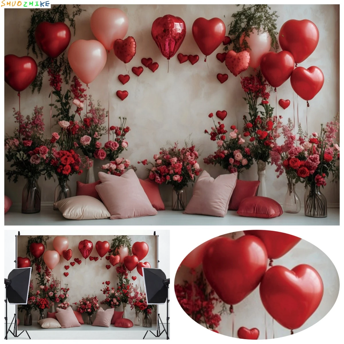 

Valentine's Day Love Heart Balloon Backdrop Wedding Birthday Party Cake Smash Decoration Kids Portrait Photography Background