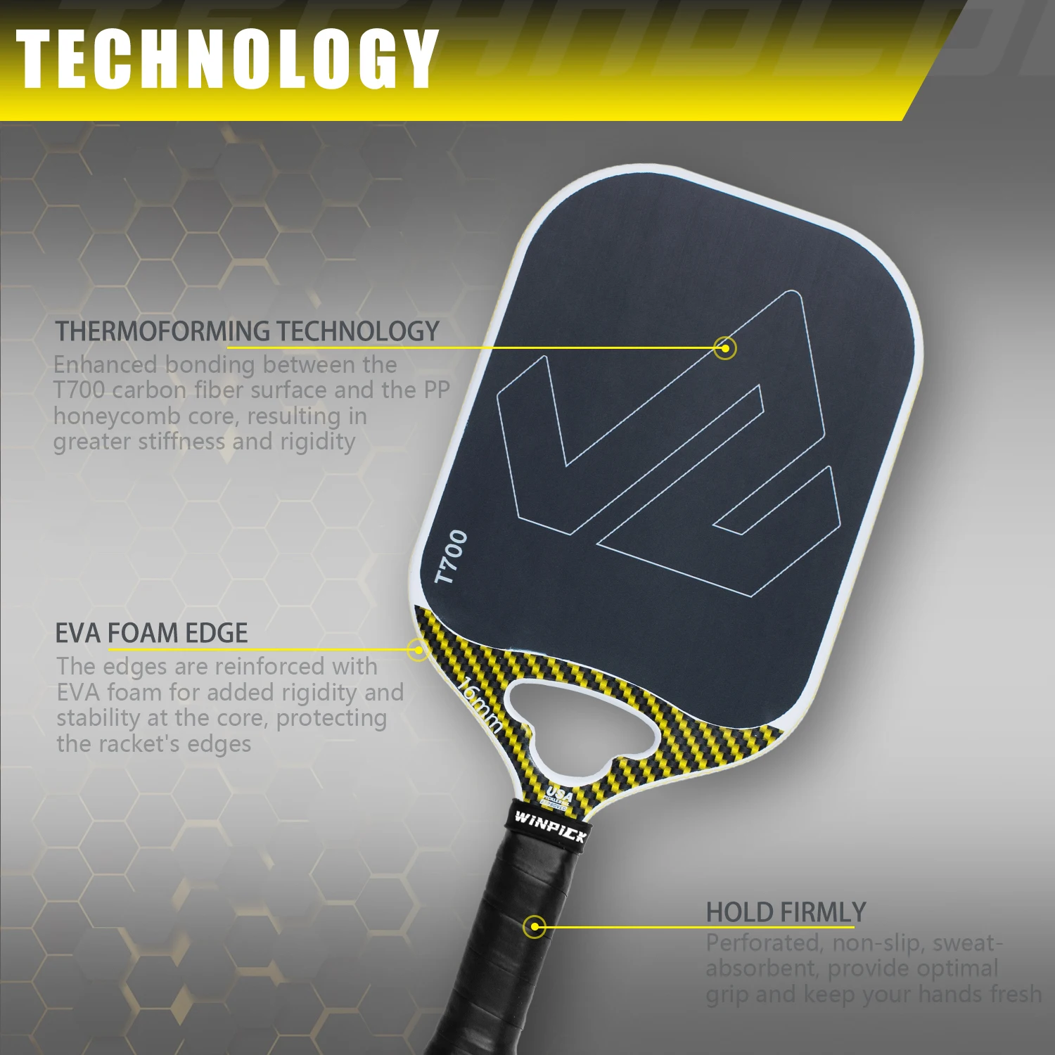 Winpick-Carbono Pickleball Paddle, Controle Termoformado Profissional e Poder, USAPA Aprovado, Edgeless, Raw, T700