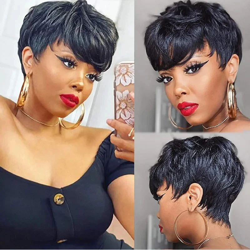 machine made 150% density 6inch balck color short curly human hair wig for women pixie cut human hair wig remy