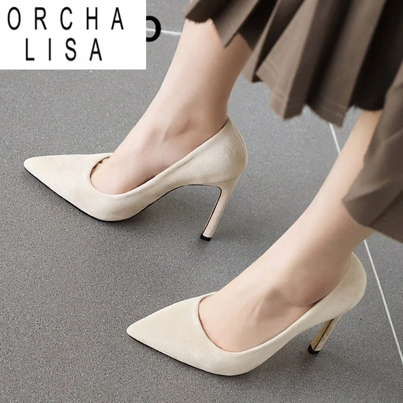 

ORCHA LISA 2025 Сексуальные женские туфли-лодочки с острым носком на шпильке 11 см без шнуровки из флока, замша, большой размер 46 47 48 Модные вечерние свадебные туфли