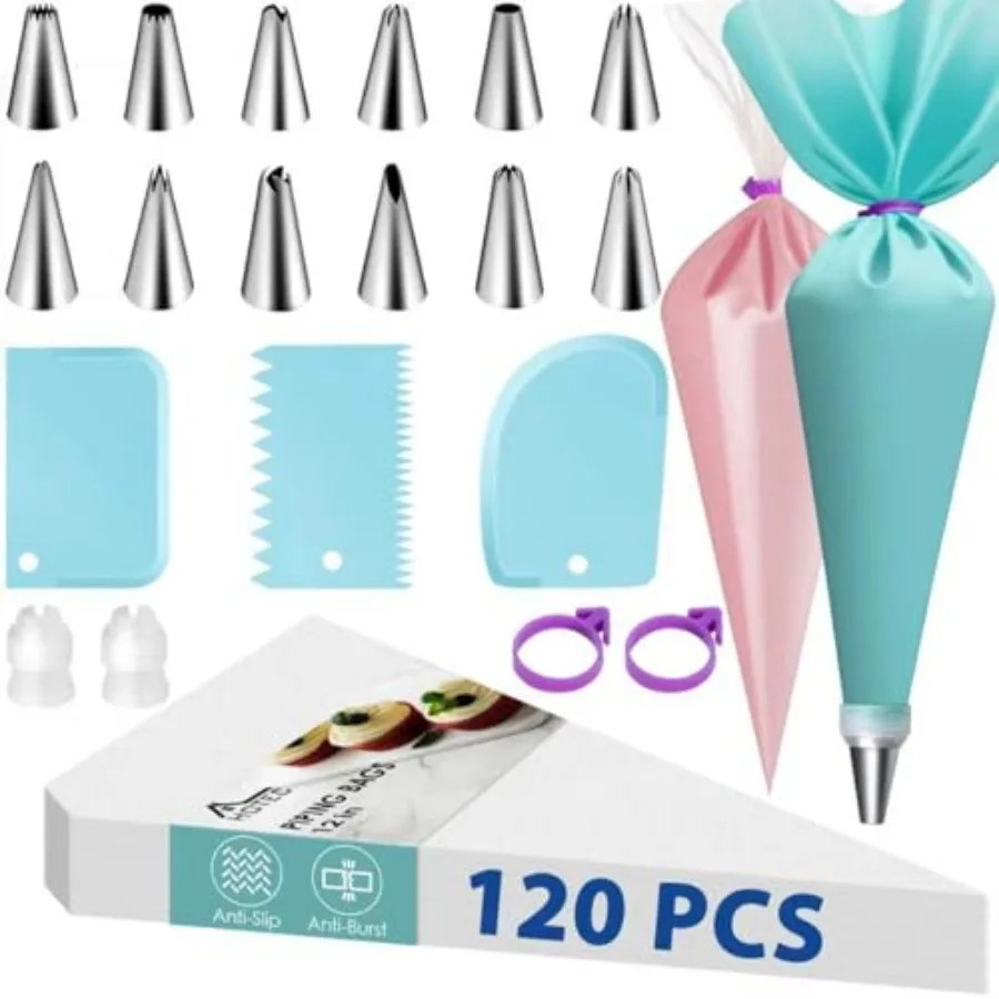 

Piping Bags and Tips Set, 120 Pcs Cake Decorating Kit with 100pcs 12 Inch Disposable Pastry Bags, 1 Reusable Piping Bags, 12 Pi