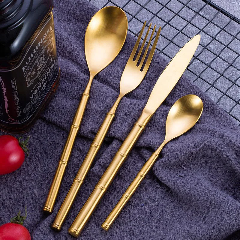 Unique Fancy Bamboo Shape Handle Stainless Steel 304 Cutlery Sets Forged Knife Spoons and Forks Matte Polish Hotel Flatware Sets