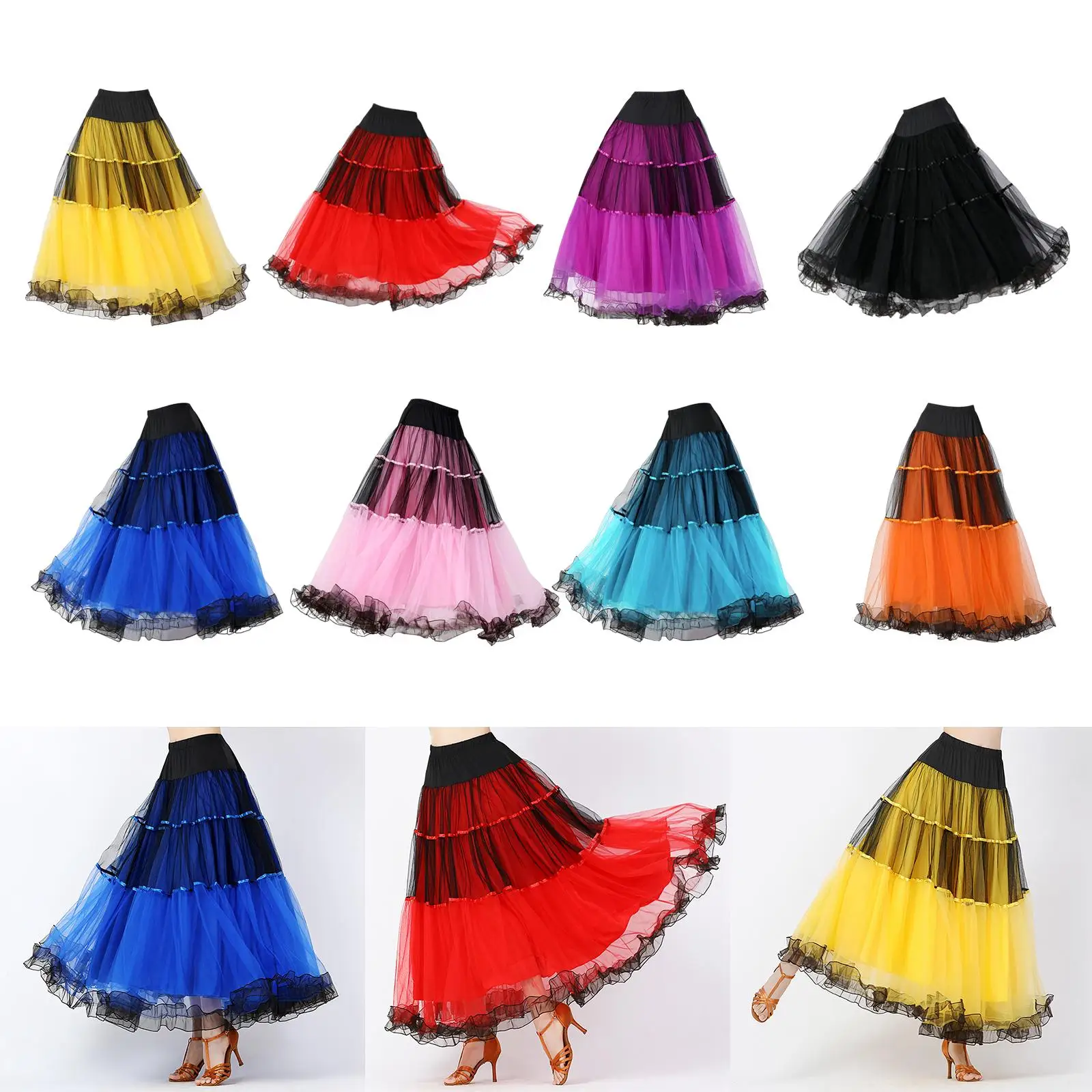 Ballroom Latin Dance Skirt Flamenco Waltz Layered Dress Stage Performance