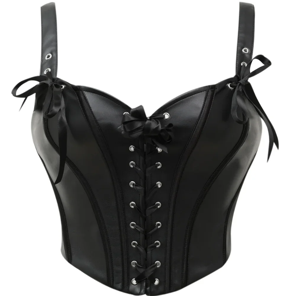 Gothic PU Leather Bustier Corset for Women with Front Ribbon Tie Strap Back Hook Waist Shaping Outerwear Top