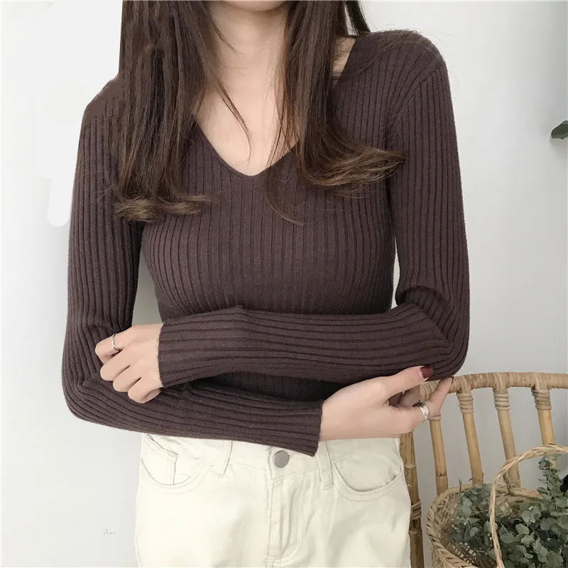 

Slim Fit Low Neck Knitted Sweater Women's Base Layer V Neck Knitwear Autumn Winter Fashion Commute Style Korean Version