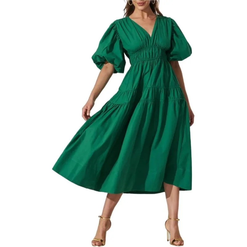 Nuovo abito plissettato a maniche lunghe autunno moda casual abito da vacanza a vita alta abito Boho stampato floreale con scollo a V mezza manica