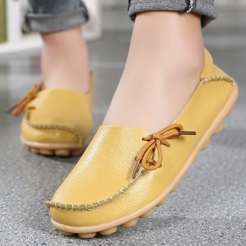 New Moccasins Women Flats Autumn Woman Loafers Genuine Leather Female Shoes Slip On Ballet Bowtie Women's Shoes Big Size 44