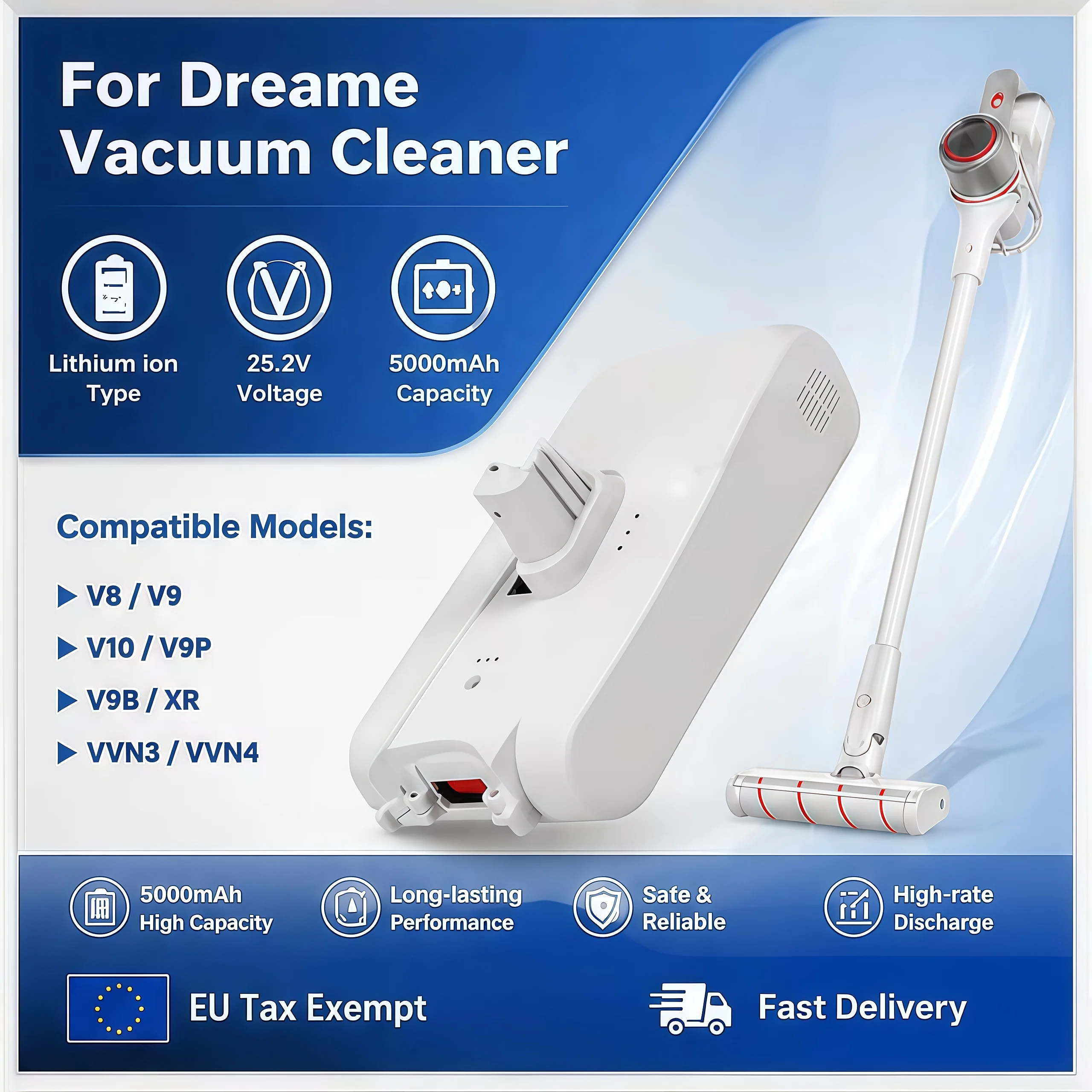 Batterie de remplacement pour aspirateur Xiaomi - Batterie de secours Dream V8 V9 V10Pro VVN3 VVN4 VVN5 XR, batterie lithium-ion 25,2 V 5000 mAh, batterie d'aspirateur longue portée