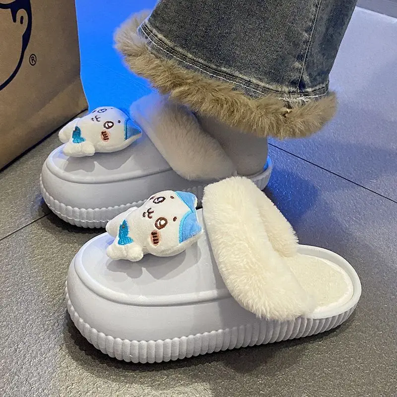 Cute Chiikawa 2026 Kawaii Usagi Girls Plush Slippers Winter Keep Warm Removable Indoor Shoes Anime Anti-Slip Thick Sole Slippers