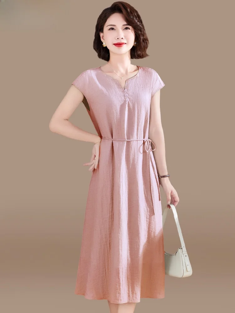 

Женское летнее модное платье из хлопка и льна для среднего возраста, с коротким рукавом, длинной юбкой, свободного кроя, с круглым вырезом, из тонкого полиэстера