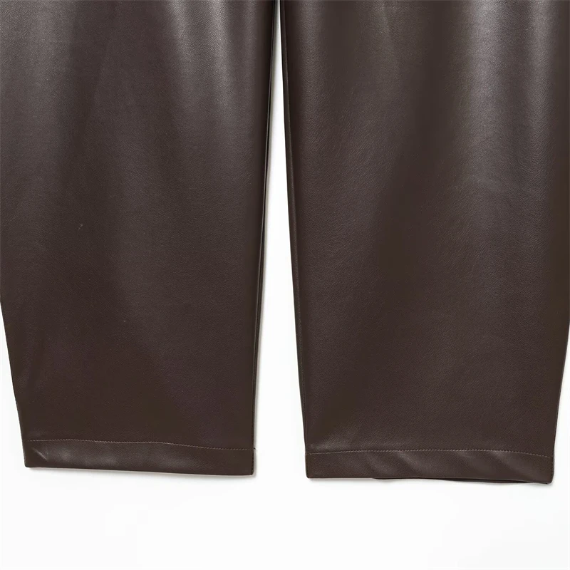 KEYANKETIAN Lente Nieuwe dames kunstleer Casual broek Retro-stijl Rits Hoge taille Losse zakken Bruine lange broek