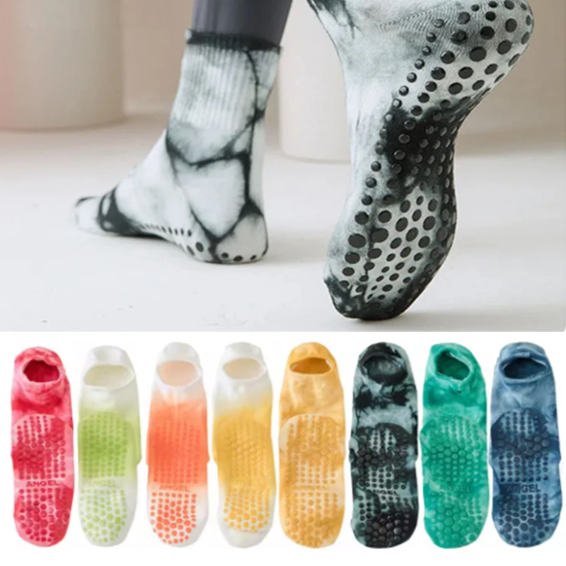 Multi Style Cotton Tie Dye Silicone Anti Slip Pilates Grip Strength Round Socks Lifting Barbell Trampoline Fitness Training Sock