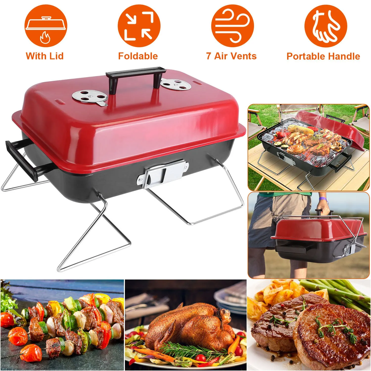 

Portable Charcoal Grill Outdoor Tabletop Grill Small Barbecue Smoker Folding BBQ Grill with Lid for Backyard Camping Picnics Bea