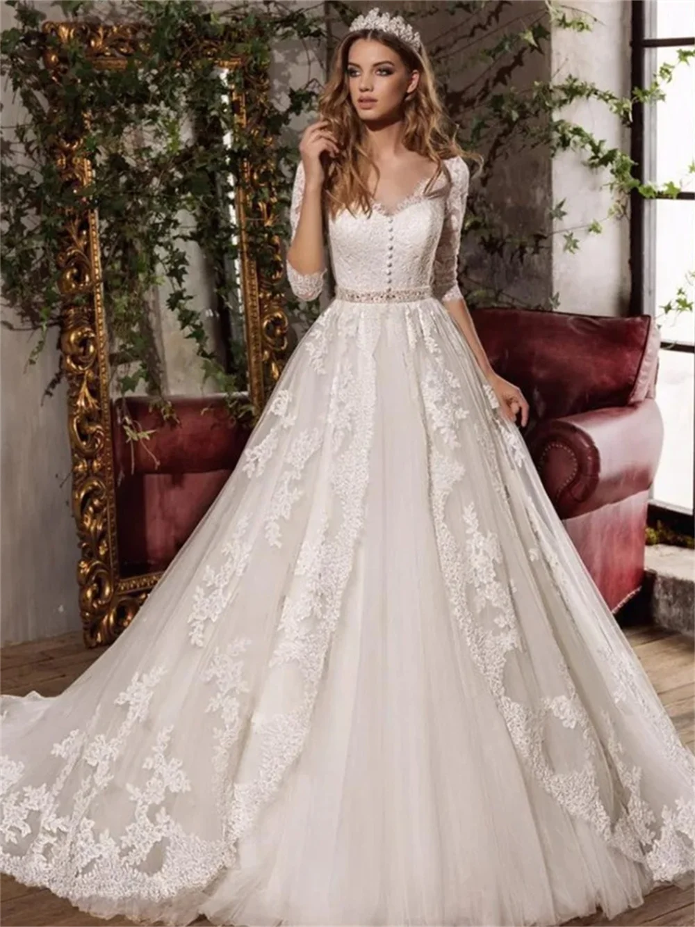 Elegant Long Sleeve Bridal Dress 2025 Elegant Appliquéd Wedding Dress Romantic Customized Floor-length Dress Vestidos De Novia