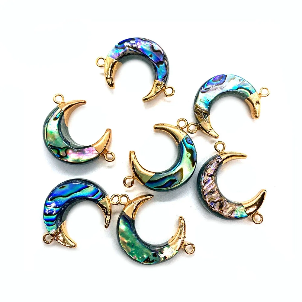 Natural Abalone Shell Moon Double Hole Connector Pendant for Fashion Jewelry Making DIY Handmade Necklaces Bracelet Accessories