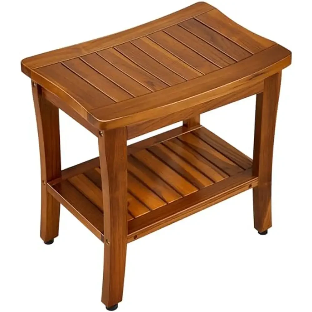 Teak Wood Shower Bench with Shelf Bathroom Stool Non-Slip Elderly Safe Easy Clean Multifunctional 20