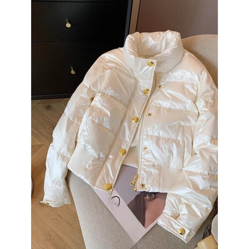 화이트 스탠드 칼라 패셔너블 두꺼운 솜 패딩 재킷 여성 겨울 디자인 감각 다용도 따뜻한 패딩 브레드 재킷