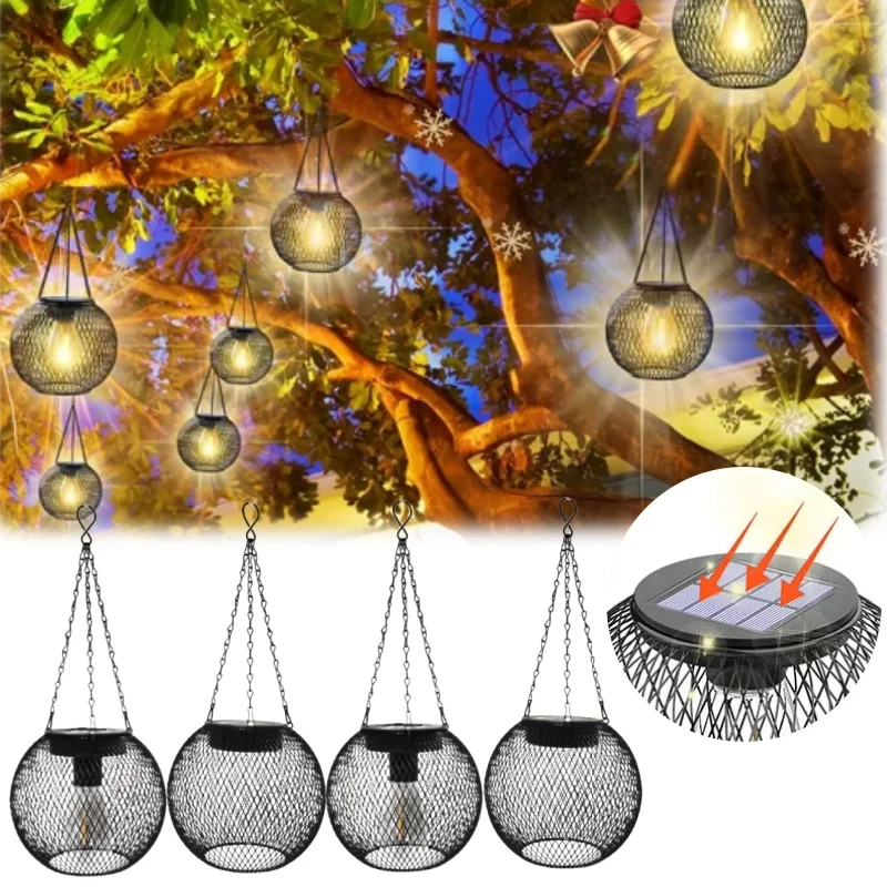 

Солнечная кованая люстра для двора, ретро-сетчатый подвесной светильник, уличная лампа для декора сада, полая подвесная лампа