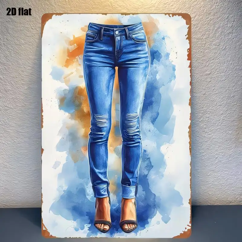Blue Denim Jeans & High Heels Watercolor Vintage Metal Tin Sign - Retro Rusted Edge Wall Art for Closet, Boutique, Cafe Decor
