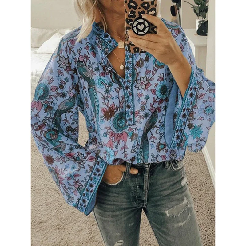 2020 Women Print Blouses Casual Loose Tops Stand V Neck Long Sleeves Button Plus Size Pullover Female Tee Shirts Blouse