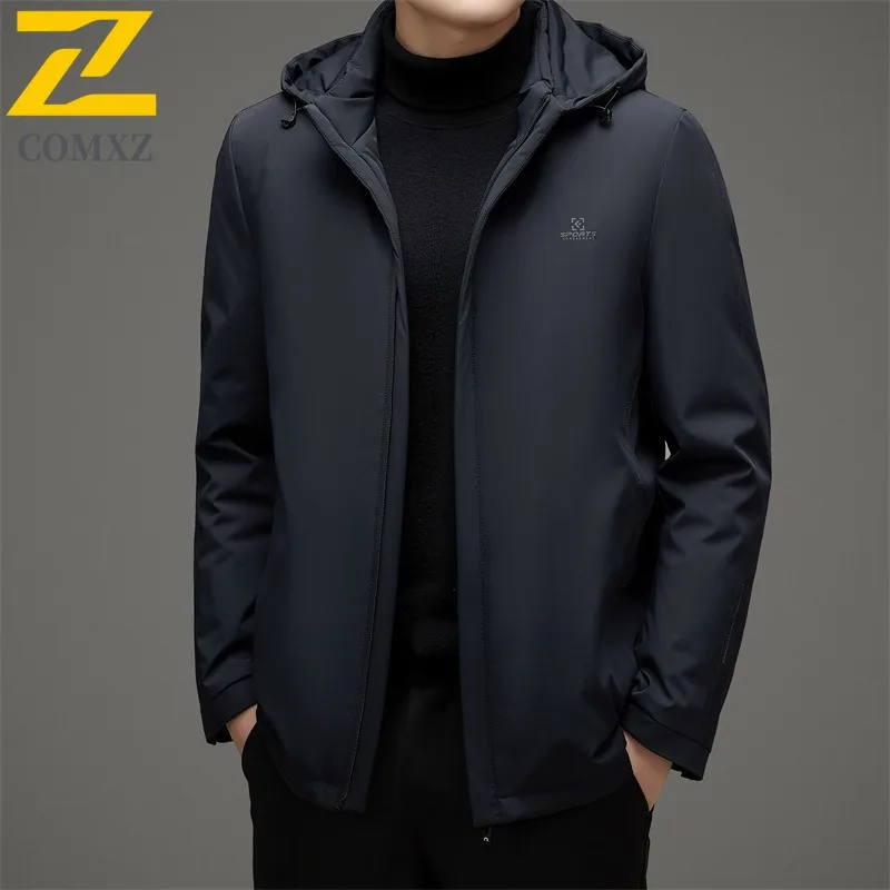 COMXZ Premium Mens Short Down Jacket Hooded Business Leisure Windproof Parka Fashion Travel Lightweight Autumn Winter Coat