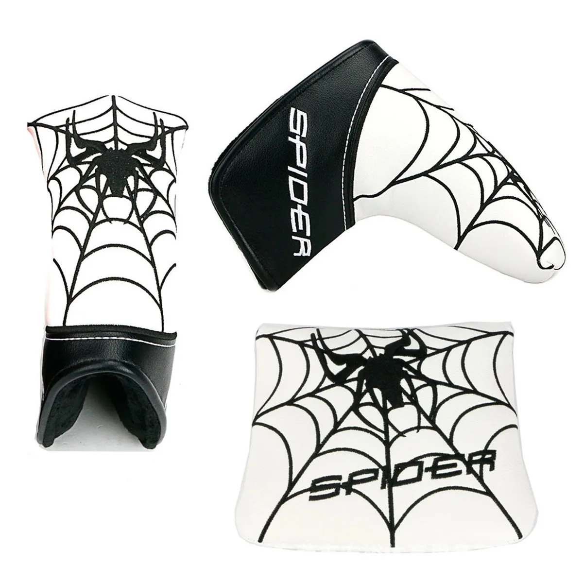 Spider Embroidery Pattern Golf Putter Cover PU Leather Large Mallet Golf Head Cover Magnetic Closure Golf Head Cover