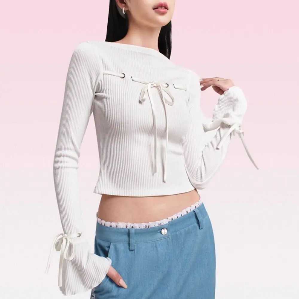 

Bowknot Lace Up Pullover Sweater Bell Sleeve Round Collar Long Sleeve Blouse Girlish Tighten The Waist Lace Up Top Spring