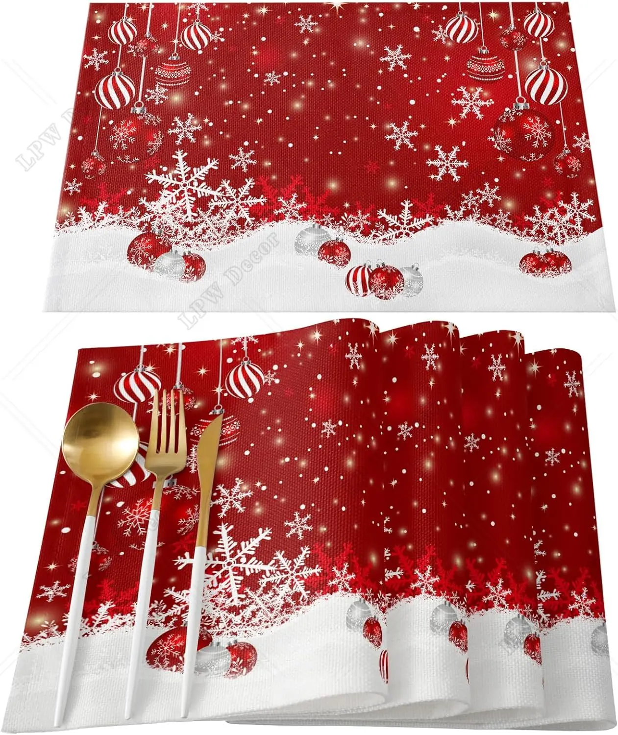 Merry Christmas Placemats Set Cotton Linen Table Mats Non-Slip Washable Xmas Ball Ornaments Snow Red Placemat Table Decor