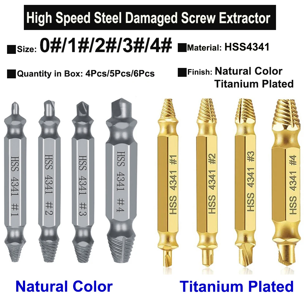 

Hongtu 4Pcs/5Pcs/6Pcs High Speed Steel Damaged Screw Extractor Broken Bolt Remover Natural Color and Titanium Plated