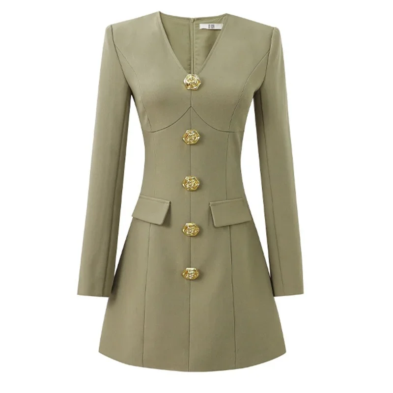 

Women V-neck Waist Long Sleeve Vintage Dress Fashion Small Fragrance Light Green French Party Elegant Office Lady Short Dress