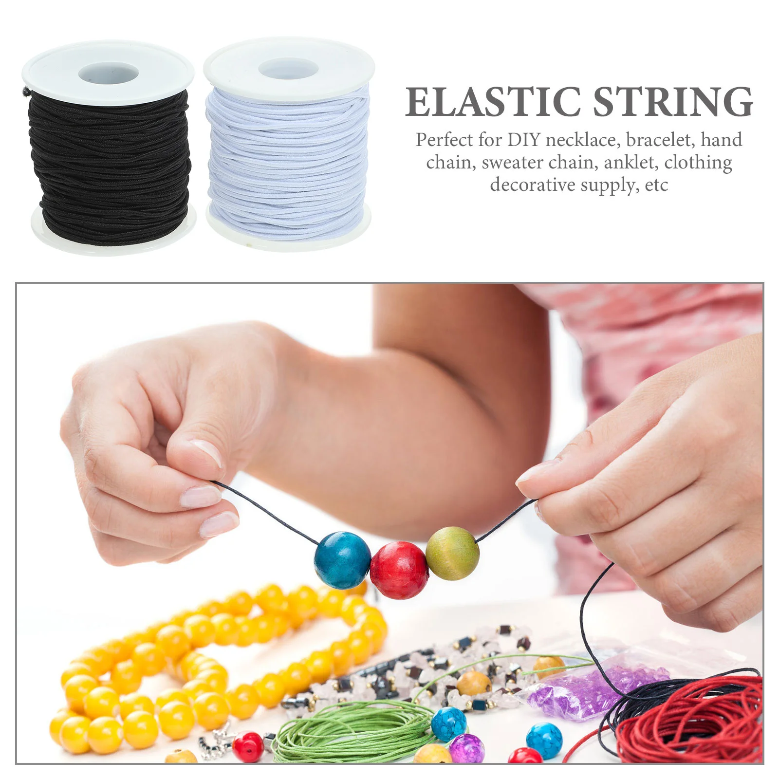 

2 рулона 15 мм, черно-белый шнур с бисером для браслетов «сделай сам», ожерелья, эластичный провод, принадлежности для изготовления ювелирных изделий, 40 м, эластичный шнур для браслета