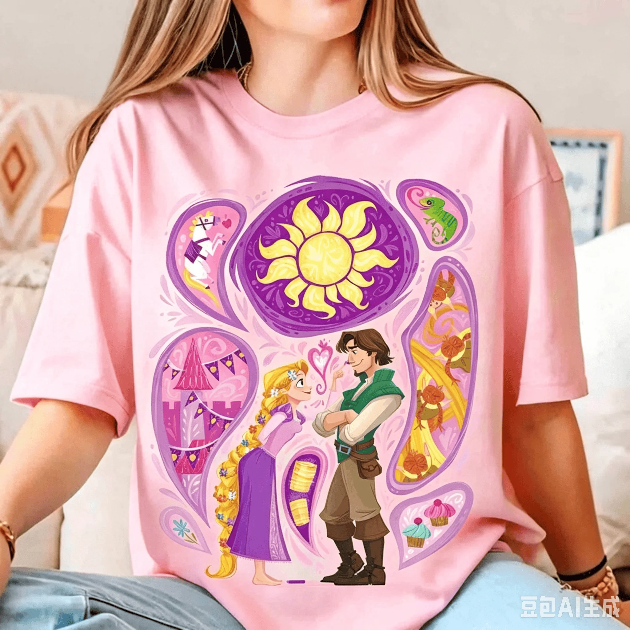 T-shirt à manches courtes en pur coton pour adultes et enfants, imprimé intégral motif Princesse Cheveux Longs, Château Soleil, Vacances, Conte de Fées, Dessin Animé