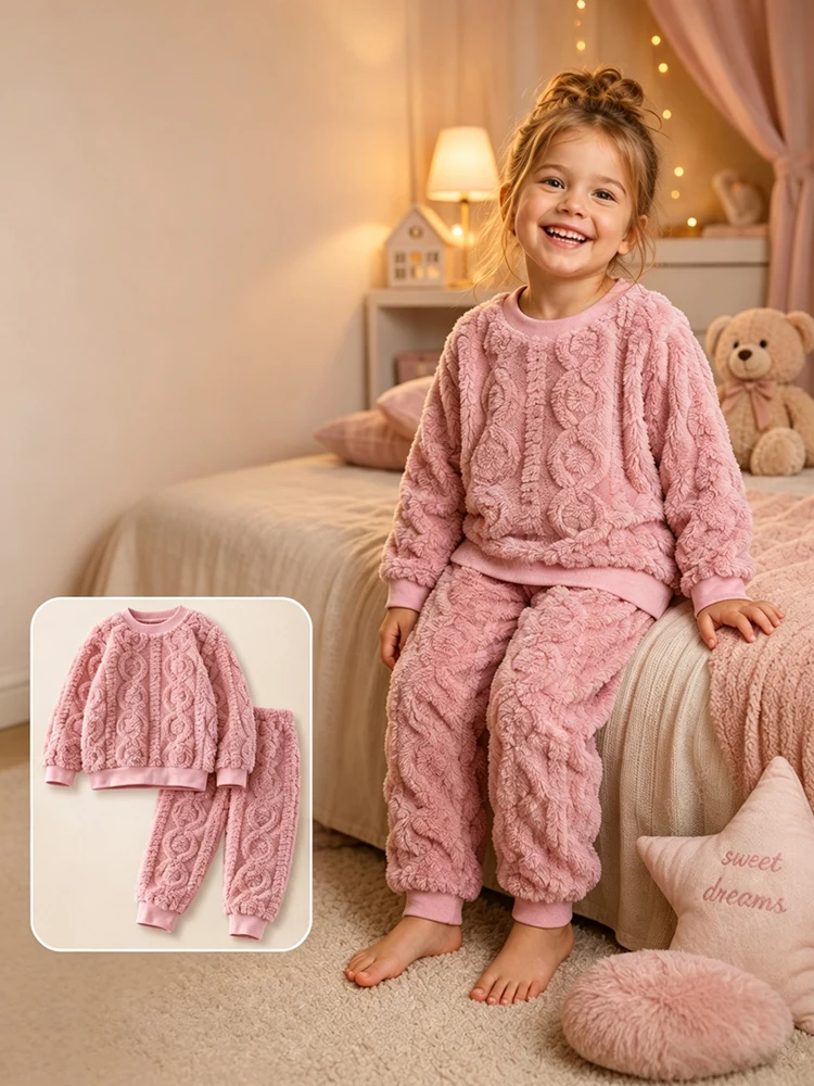 Autumn Winter Children Thermal Pajamas Set Coral Velvet Jacquard Warm Loungewear Boys Girls Soft Comfortable Thickened Sleepwear