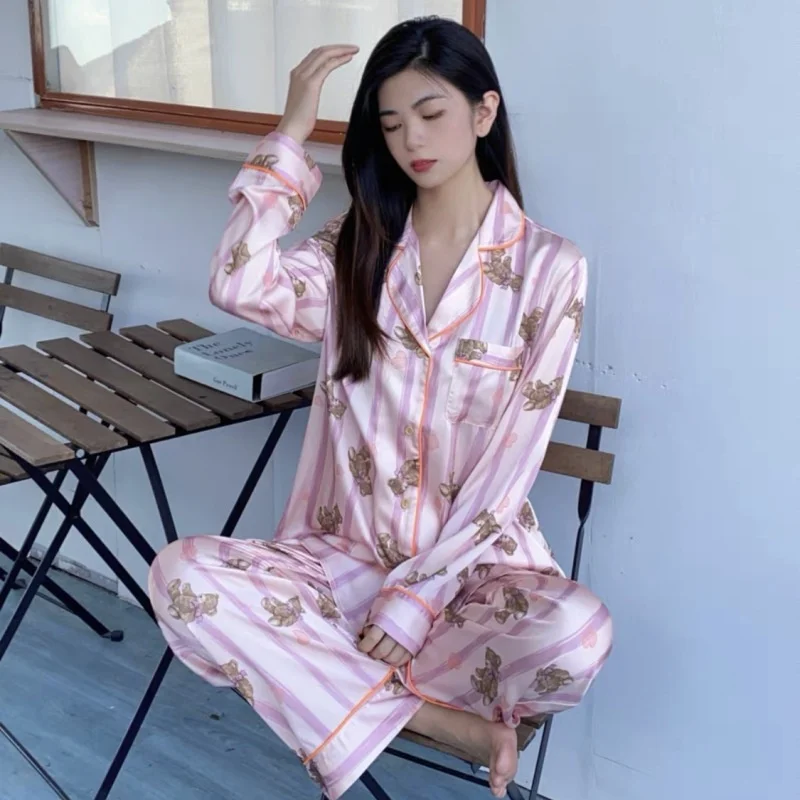 

Women's Ice Silk Clothe Lounge Sleepwear New Arrival Spring Funny Cute Bear Print Long Sleeve Shirts Pants Home wear