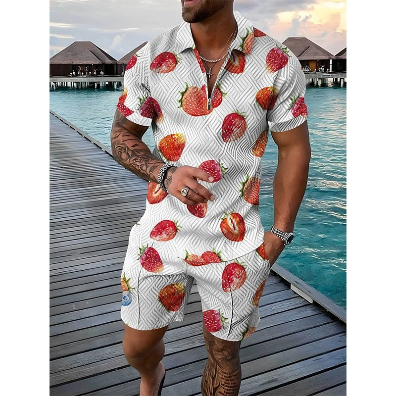 

Men Fruit Tracksuit Pineapple Pawpaw 3D Print Short Sleeve Zipper Polo Shirt Shorts Sets 2 Pieces Oversized Streetwear Set Suits
