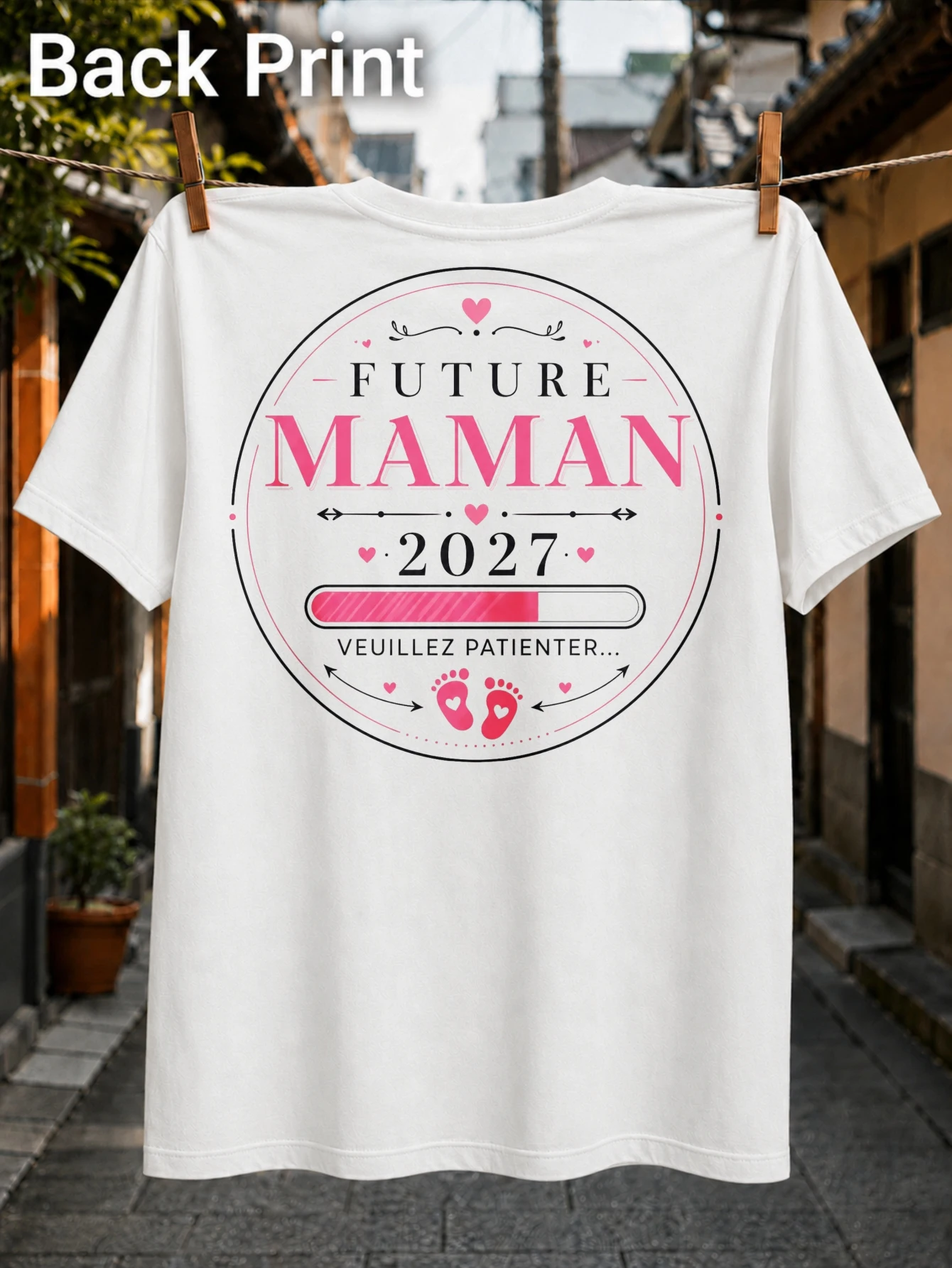 Future Maman 2027 Veuillez Patienter lettering with circular pink loading bar hearts and baby  Unisex All T-Shirt